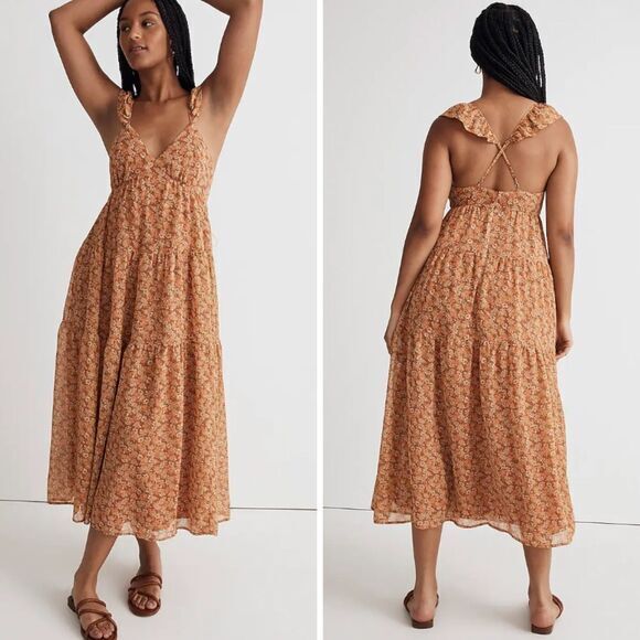 New! Madewell *flawed* Georgette Ruffle-Sleeve Tiered Midi Dress Daisy Meadow 10 - Picture 1 of 16